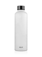 Minimalistic EQUA glass water bottle in centre of the image with black metallic lid and black equa logo at the bottom. Put stickers on the EQUA glass water bottle and make it unique and to your liking.